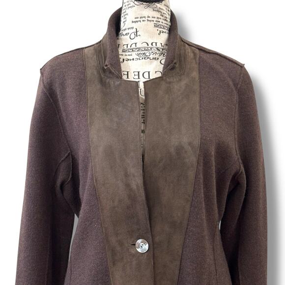 Eileen Fisher Size M L Brown Merino Wool + Lamb Leather Coatigan Jacket Coat - Picture 4 of 9